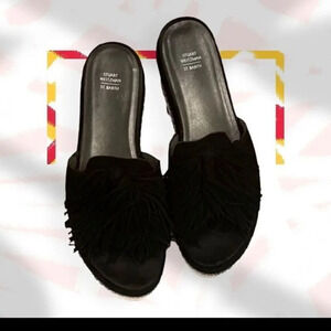 Stuart weitzman Women’s St Barths Blk Suede Tassel Wedge Sandal Size 8